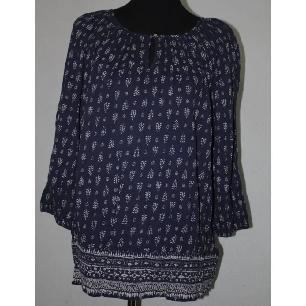 CHAPS Sz L Dark Blue Pullover Peasant Top 3/4 Sleeve Keyhole Neck Thin Cotton